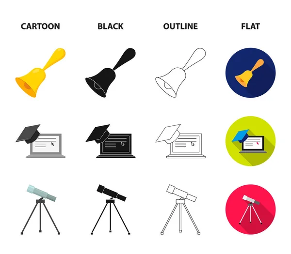 Sino da escola, computador, telescópio e edifício da escola. Coleção de conjuntos de escola ícones em desenhos animados, preto, contorno, estilo plano símbolo vetorial ilustração web . — Vetor de Stock