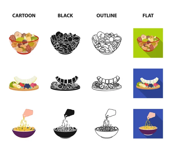 Surtido de frutos secos, frutas y otros alimentos. Alimentos conjunto colección iconos en dibujos animados, negro, contorno, plano estilo vector símbolo stock ilustración web . — Archivo Imágenes Vectoriales