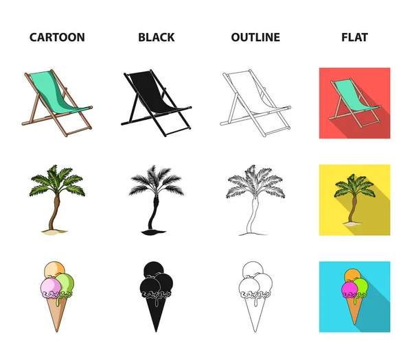 Playa, palmera, helado. Iconos de colección conjunto de vacaciones de verano en dibujos animados, negro, contorno, vector de estilo plano símbolo stock illustration web . — Archivo Imágenes Vectoriales