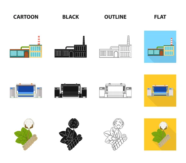 Usine, entreprise, bâtiments et autres icônes web en dessin animé, noir, contour, style plat. Textile, industrie, icônes en tissu dans la collection set . — Image vectorielle