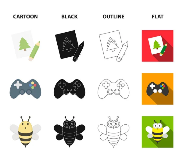 Imagen, dzhostik, abeja, nipple.Toys conjunto de iconos de la colección en dibujos animados, negro, contorno, plano estilo vector símbolo stock ilustración web . — Vector de stock