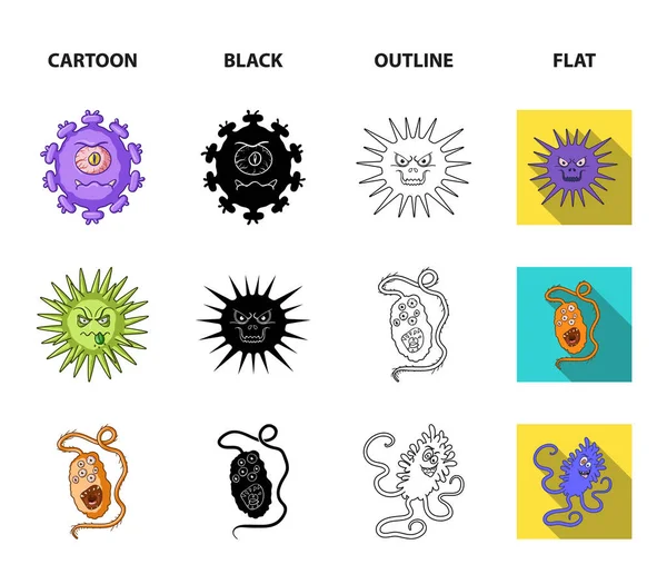 Diferentes tipos de microbios y virus. Los virus y bacterias establecen iconos de colección en dibujos animados, negro, contorno, vector de estilo plano símbolo stock ilustración web . — Vector de stock