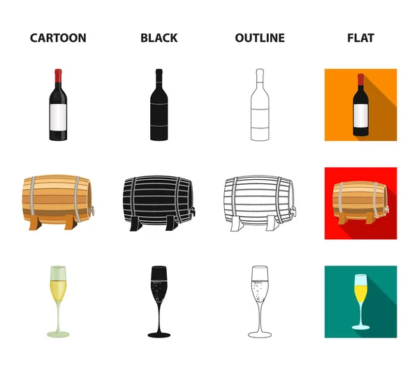 Бутылка красного вина, бочка вина, бокал шампанского, куча. Иконки коллекции вин в мультипликационном, черном, очертания, плоский стиль векторных символов иконок . — стоковый вектор