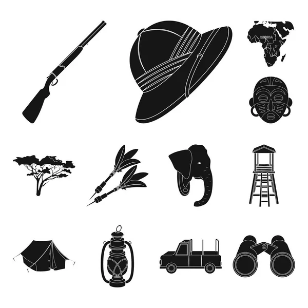 Afrikanische Safari schwarze Ikonen im Set Kollektion für Design. Trophäen und Ausrüstung für Safari-Vektor-Symbol Stock Web Illustration. — Stockvektor
