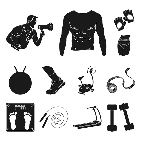 Fitness und Attribute schwarze Symbole in Set-Kollektion für Design. Fitnessgeräte Vektor Symbol Stock Web Illustration. — Stockvektor