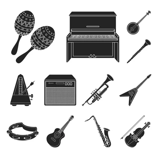 Instrumento musical iconos negros en colección de conjuntos para el diseño. Cadena y viento instrumento vector símbolo stock web ilustración . — Vector de stock