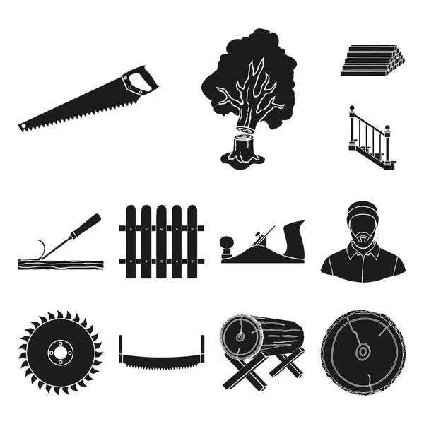 Serraria e Ícones pretos de madeira na coleção de conjuntos para design. Hardware e ferramentas símbolo vetorial ilustração web stock . — Vetor de Stock
