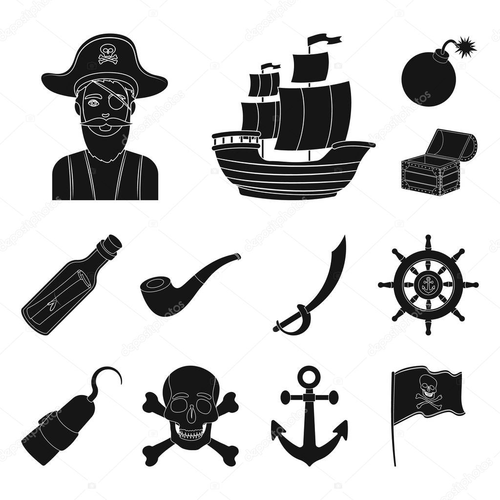 Pirate, sea robber black icons in set collection for design. Treasures, attributes vector symbol stock web illustration.