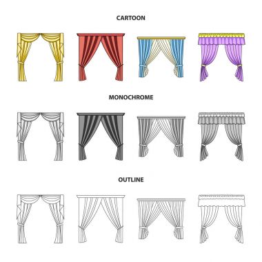 Pencere perdeleri farklı türleri. Perdeleri koleksiyonu Icons set çizgi film, anahat, tek renkli stil vektör simge stok çizim web.