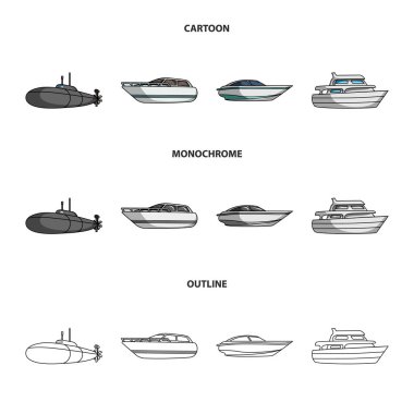 Askeri bir denizaltı, sürat teknesi, bir zevk tekne ve ruhu tekne. Gemi ve Su ulaştırma araçları koleksiyonu Icons set çizgi film, anahat, tek renkli stil vektör simge stok çizim web.