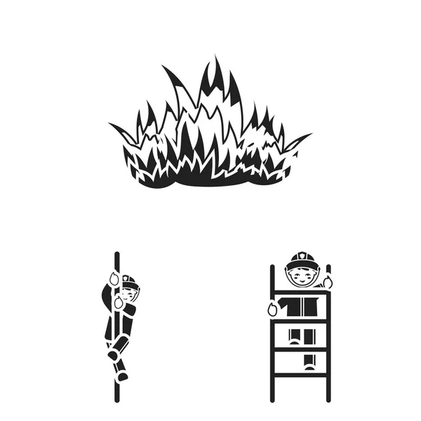 Ícones pretos do Corpo de Bombeiros na coleção de conjuntos para design. Ilustração web do símbolo de vetor de bombeiros e equipamentos . — Vetor de Stock