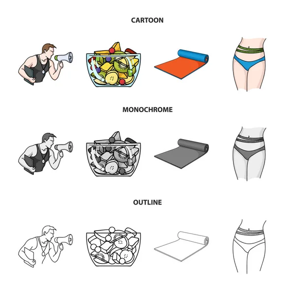 Personal trainer, fruit salad, mat, female waist. Fitnes set collection icons in cartoon,outline,monochrome style vector symbol stock illustration web. — Stock Vector