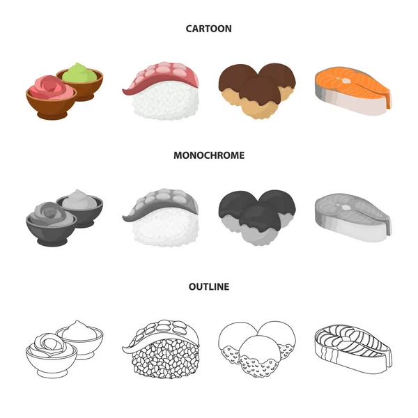 Salsa de Wasabi y jengibre, filete de salmón, pulpo. Conjunto de iconos de colección de sushi en dibujos animados, contorno, estilo monocromo vector símbolo stock ilustración web . — Vector de stock