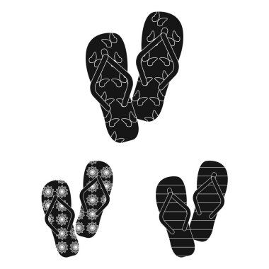 Parmak arası terlik set koleksiyonu tasarım için simgeler siyah. Beach ayakkabı sembol stok web illüstrasyon vektör.