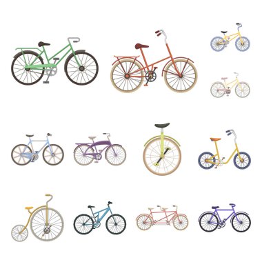 Çeşitli Bisiklet set koleksiyonu tasarım için simgeleri karikatür. Ulaşım vektör simge stok web örnek tür.