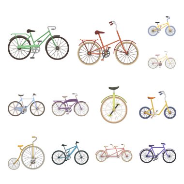 Çeşitli Bisiklet set koleksiyonu tasarım için simgeleri karikatür. Ulaşım vektör simge stok web örnek tür.