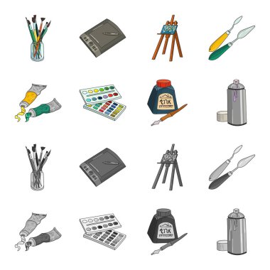 Balonchik boyalar, boya, sulu boya bir kutu içinde tüplerini mürekkep bir şişe ve bir kalem. Sanatçı ve çizgi film, tek renkli stil vektör simge stok çizim web çizim küme koleksiyon simgeler.