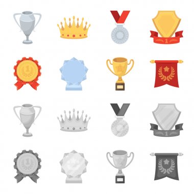 Bir Olimpiyat madalya ilk yer, bir kristal top, gold Kupası bir stand, kırmızı bir kolye için. Kupalar ve ödüller çizgi film, tek renkli stil vektör simge stok çizim web simgeler ayarla.