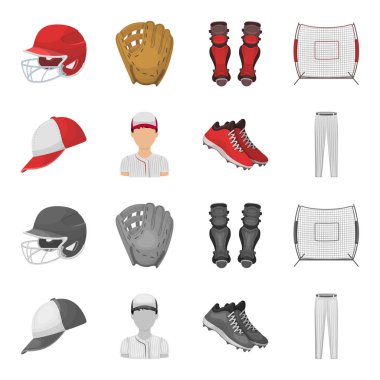 Beyzbol şapkası, oyuncu ve diğer aksesuarları. Beyzbol toplama simgeler çizgi film, tek renkli stil vektör simge stok çizim web ayarla..