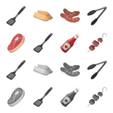 Çiğ et biftek, saplı ızgara, şişe ketçap, şiş kebap. Barbekü toplama simgeler çizgi film, tek renkli stil vektör simge stok çizim web ayarla..