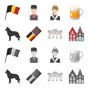 Çikolata, katedral ve ülkenin diğer simgeler. Belçika karikatür, tek renkli stil vektör simge stok çizim web simgeler ayarla.