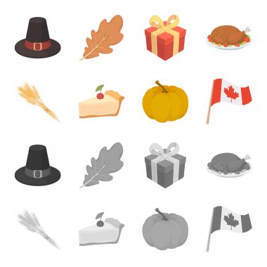 Spike buğday, bir dilim pasta ile kızılcık, kabak, ulusal bayrak. Kanada Şükran günü toplama simgeler çizgi film, tek renkli stil vektör simge stok çizim web ayarla..