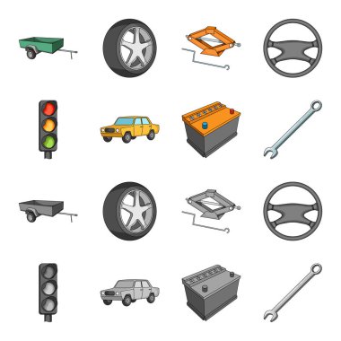 Trafik ışığı, eski bir araba, pil, İngiliz anahtarı, çizgi film, tek renkli stil vektör simge stok çizim web simgeler set araba.