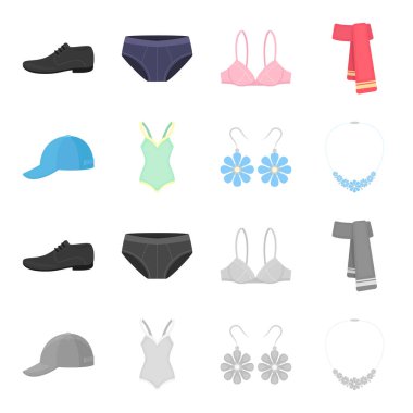 Kapağı, küpe, kolye, mayo. Çizgi film, tek renkli stil vektör simge stok çizim web giyim koleksiyonu Icons set.