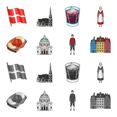 Danimarka, Tarih, Restoran ve diğer web simgesi karikatür, tek renkli stil. Sandviç, yemek, ekmek, küme koleksiyon simgeler.