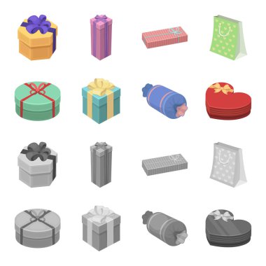 Fiyonklu hediye paketi hediye kutusu. Hediyeler ve sertifikaları çizgi film, tek renkli stil vektör simge stok çizim web simgeler ayarla.