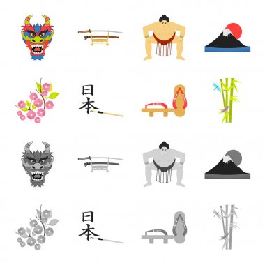 Geta, sakura çiçekler, bambu, hiyeroglif. Japonya toplama simgeler çizgi film, tek renkli stil vektör simge stok çizim web ayarla..