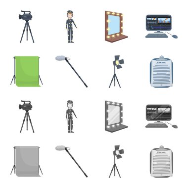 Hromakey, komut dosyası ve diğer ekipmanlar. Karikatür koleksiyonu Icons set film yapma, tek renkli stil vektör simge stok çizimde web.