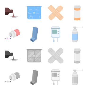 Tablet, ilaç, kan, sprey ile konteyner. İlaç toplama simgeler çizgi film, tek renkli stil vektör simge stok çizim web ayarla..