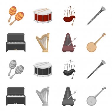 Banjo, piyano, ARP, metronom. Müzik aletleri toplama simgeler çizgi film, tek renkli stil vektör simge stok çizim web ayarla..