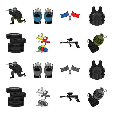 Rekabet, yarışma, ekipman, lastikler. Paintball toplama simgeler çizgi film, tek renkli stil vektör simge stok çizim web ayarla..
