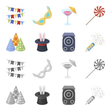 Hileci, müzik ve diğer aksesuarlar partide. Parti ve partits çizgi film, tek renkli stil vektör simge stok çizim web simgeler ayarla.