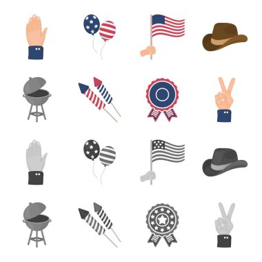 Barbekü, Selam, ebblema, zafer oylama. Vatansever gün çizgi film, tek renkli stil vektör simge stok çizim web simgeler ayarla.