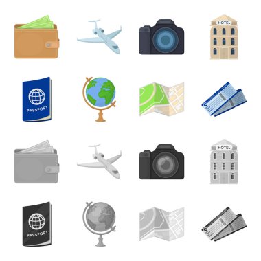Tatil, seyahat, pasaport, dünya. Dinlenmek ve küme toplama simgeler karikatür, tek renkli stil vektör simge stok çizim web seyahat.