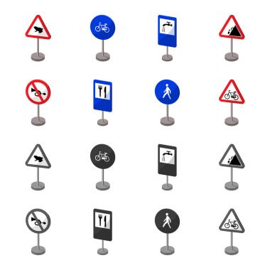 Yol işaretleri farklı türde karikatür, set koleksiyonu tasarım için tek renkli simgeler. Uyarı ve yasağı işaretler sembol stok web illüstrasyon vektör.