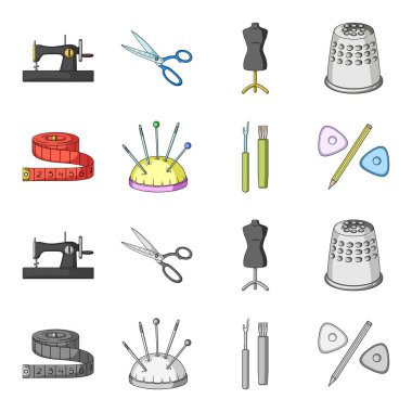 Ölçüm bandı, iğneler, boya kalemi ve kalem. Dikiş veya araçları terzilik çizgi film, tek renkli stil vektör simge stok çizim web simgeler ayarla.