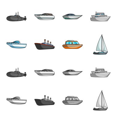 Koruma tekne, cankurtaran, kargo gemi, spor yat. Gemi ve Su ulaştırma araçları çizgi film, tek renkli stil vektör simge stok çizim web simgeler ayarla.