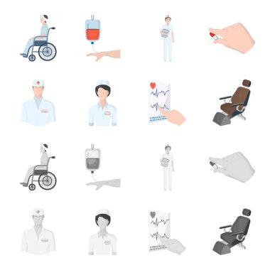 Uzman hekim, hemşire, kalp, diş sandalye kardiyogram. Medicineset toplama simgeler karikatür, tek renkli stil vektör simge stok çizim web.
