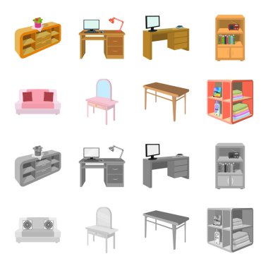 Yumuşak kanepe, tuvalet makyaj tablo, yemek masası, Çamaşırhane ve deterjan için raf. Mobilya ve enteriyör toplama simgeler çizgi film, tek renkli stil izometrik vektör simge stok illüstrasyon ayarla