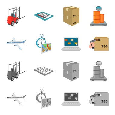 Nakliye uçakları, saat, bilgisayar muhasebe, denetim ve muhasebe malların teslim. Lojistik ve dağıtım toplama simgeler izometrik vektör simge stok çizgi film, tek renkli stil ayarla