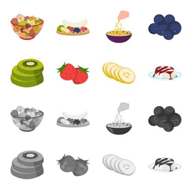 Meyve ve diğer gıda. Yiyecek toplama simgeler çizgi film, tek renkli stil vektör simge stok çizim web ayarla..