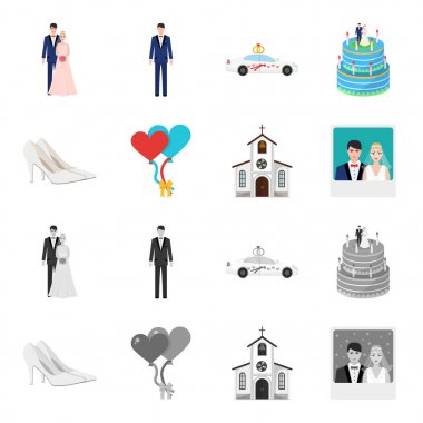 Düğün ve öznitelikleri çizgi film, tek renkli simgeler toplama tasarımı için ayarlayın. Sembol stok web illüstrasyon vektör yeni evliler ve aksesuarları.