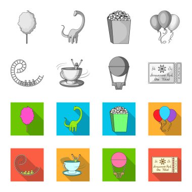 Roller coaster binmek, balon sepet, caruelle Kupası, parkın girişinde bir bilet ile. Eğlence Parkı toplama simgeler tek renkli, düz stil vektör simge stok çizim web ayarla..