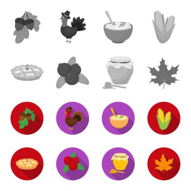Kızılcık, kabak pasta, Bal Çömleği, akçaağaç yaprağı. Kanada Şükran günü toplama simgeler tek renkli, düz stil vektör simge stok çizim web ayarla..
