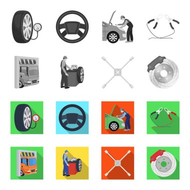 Tekerlek Dengeleme, somun anahtarı ve fren disk siyah-beyaz set koleksiyonu tasarım için düz simgeler. Araba bakım istasyonu vektör simge stok çizim web.