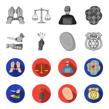 Soygun saldırı, parmak izi, polis rozeti, yankesici. Suç toplama simgeler tek renkli, düz stil vektör simge stok çizim web ayarla..